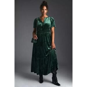 Anthropologie NWT The Somerset Green Velvet Edition Tiered Maxi Dress Size 2X
